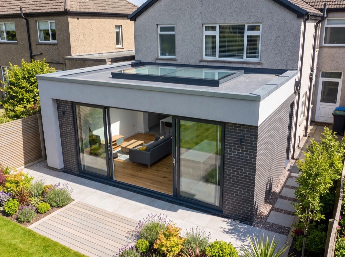 Flat EPDM rubber roof on a modern extension