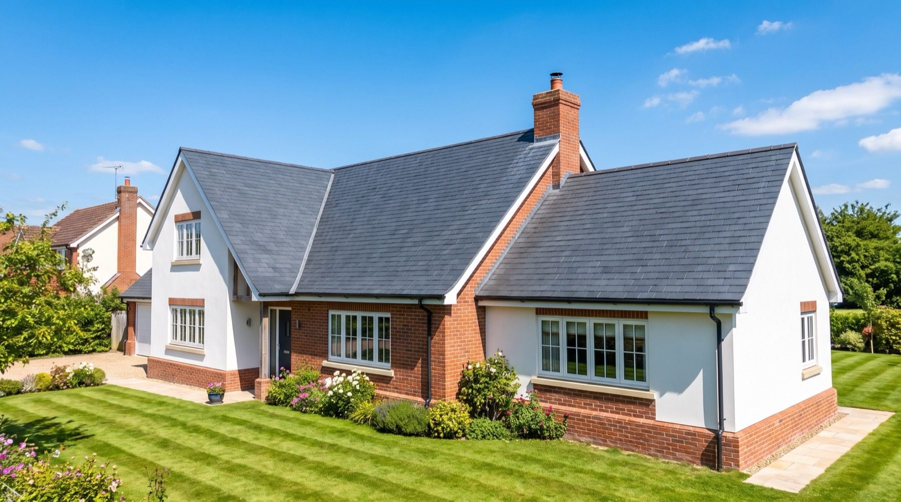 A detached North Wales home with a newly finished natural slate roof under a bright blue sky