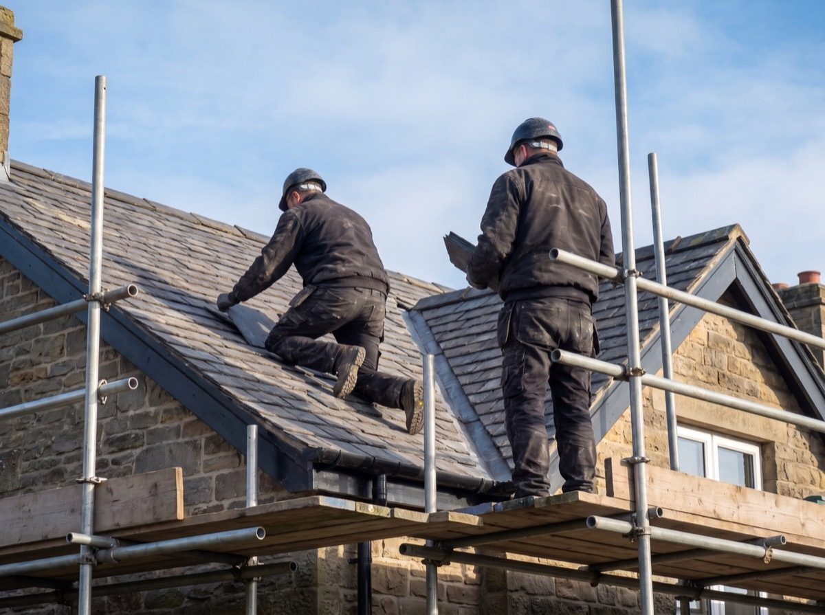 Maximus roofers at work on a slate roof in North Wales